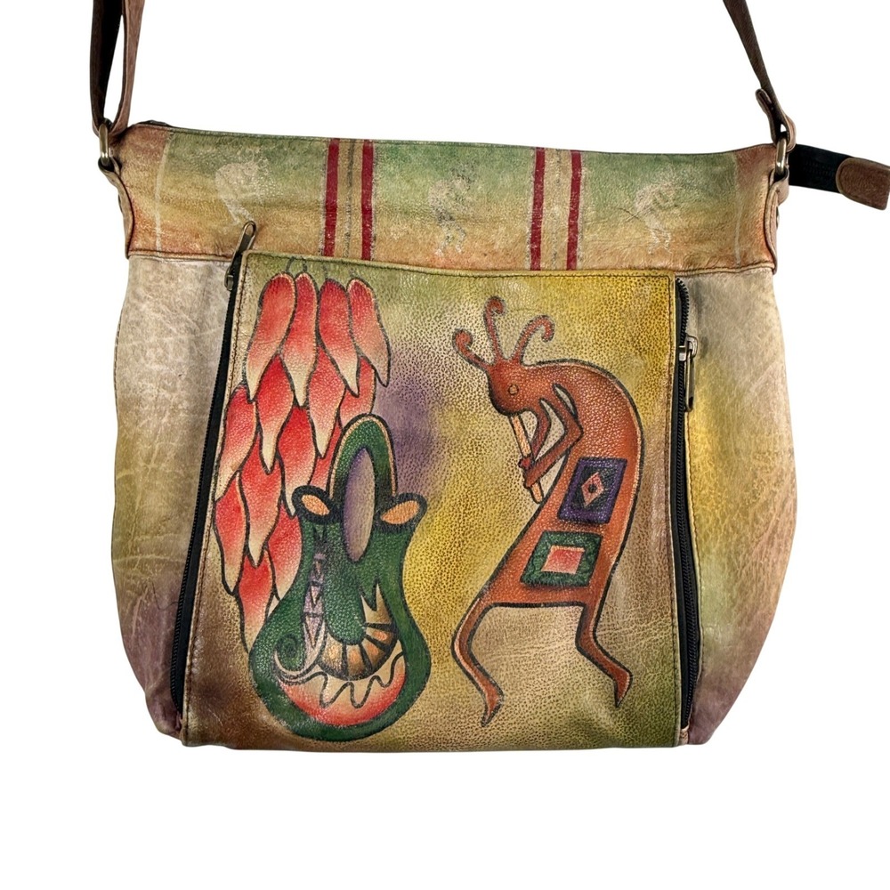 Anuschka Hand-Painted Leather Crossbody Bag in Green, Red, Yellow